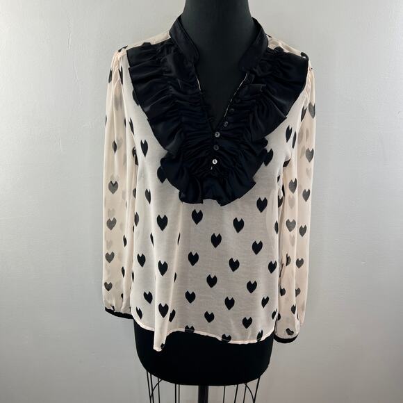 H&M Divided Beige Black Heart Ruffle Neckline Button-Down Long Sleeve Blouse M? - Picture 2 of 6